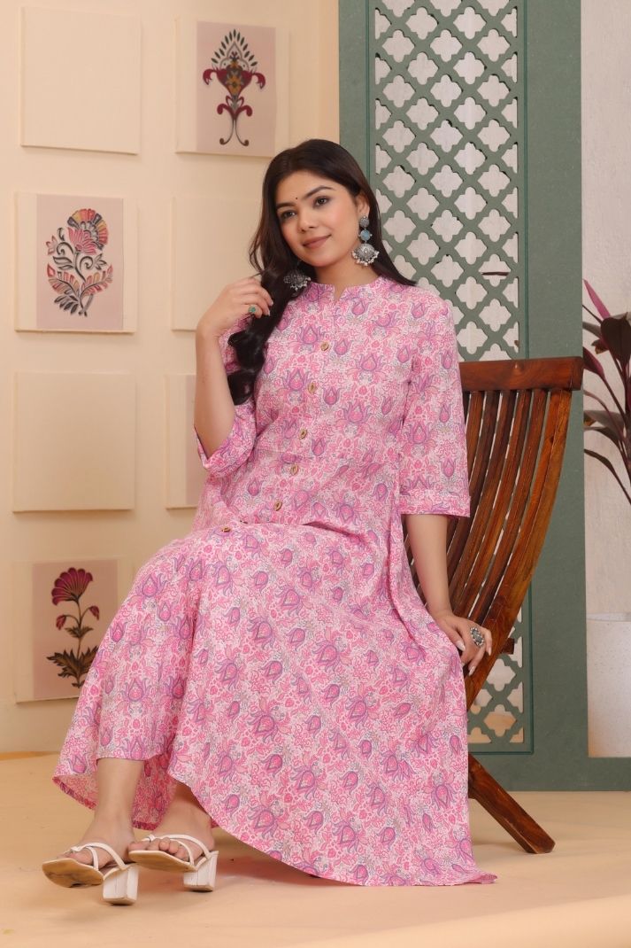 Cotton Flower Printed Gown For Women's And Girls