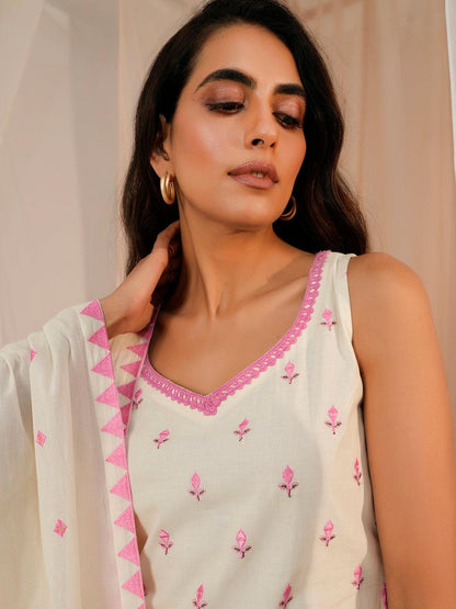 Women's Cotton Floral White & Pink Printed Kurta 3 Piece Set