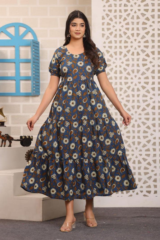 Cotton Flower Printed Gown For Women's And Girls