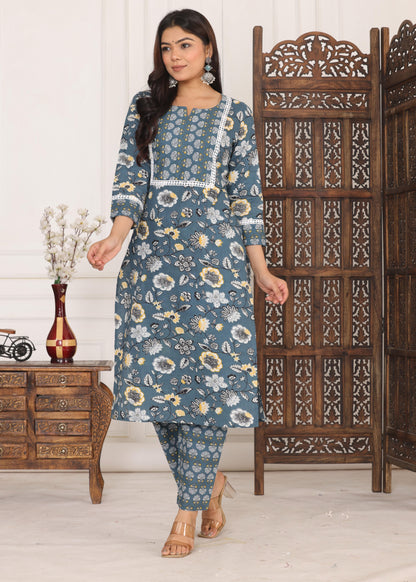 Sitara Cotton Flower Printed Grey Kurti With Pant Set.