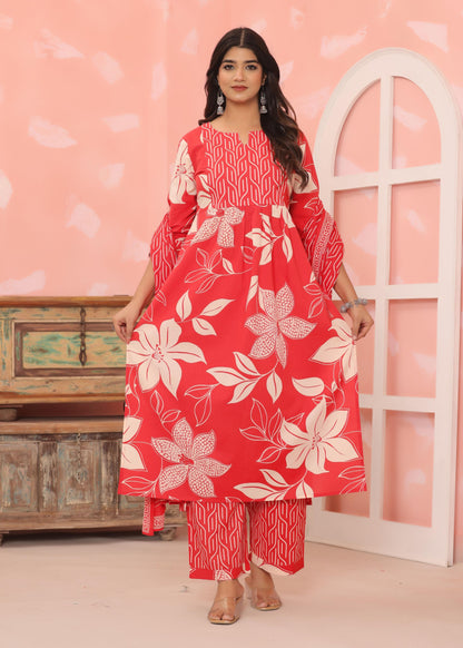 Cotton Flower printed Red Three piece kurti set for Women's and Girls