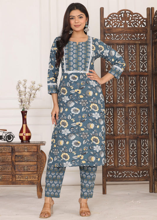 Sitara Cotton Flower Printed Grey Kurti With Pant Set.