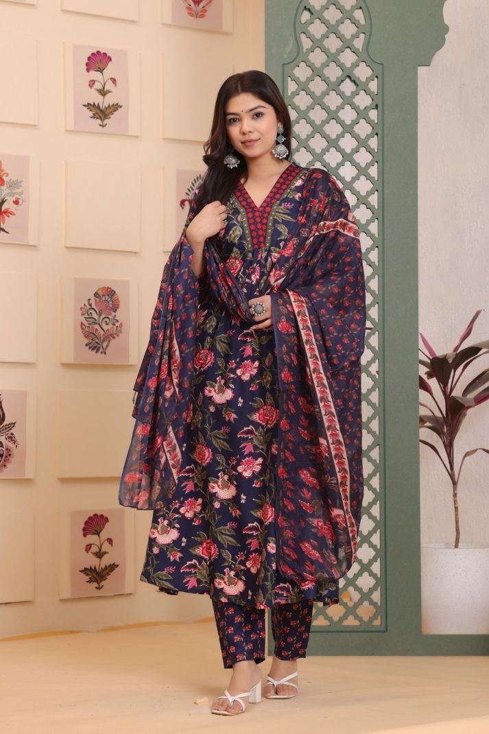 Rayon Flower Printed 3 Pc kurta set for Women and Girls