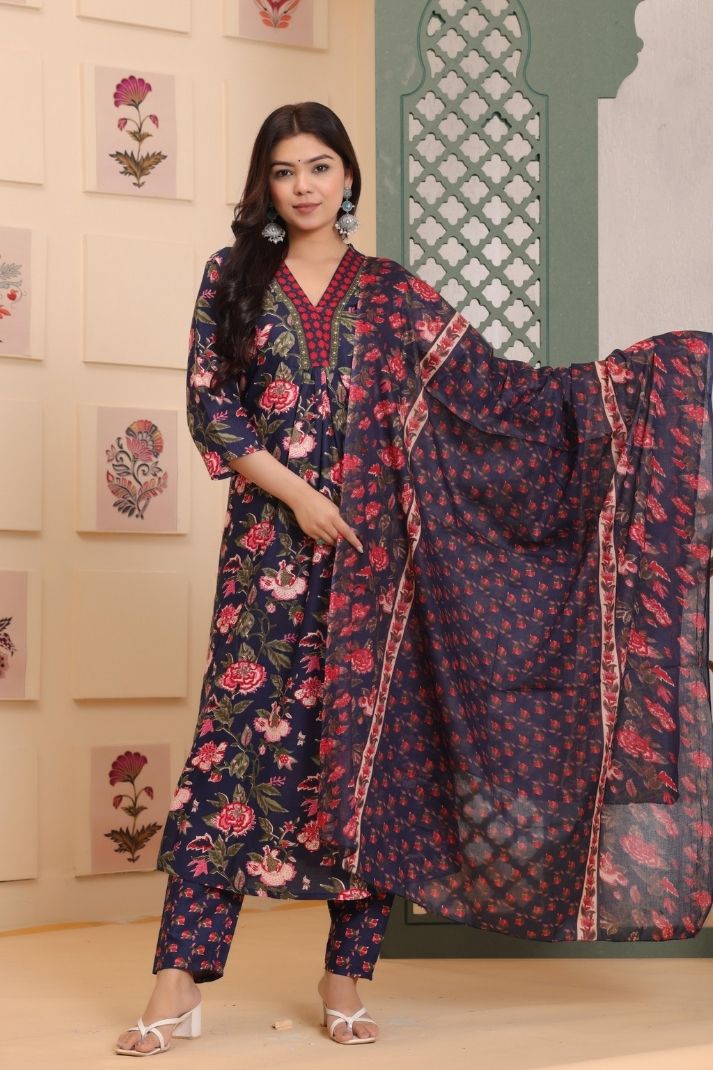 Rayon Flower Printed 3 Pc kurta set for Women and Girls