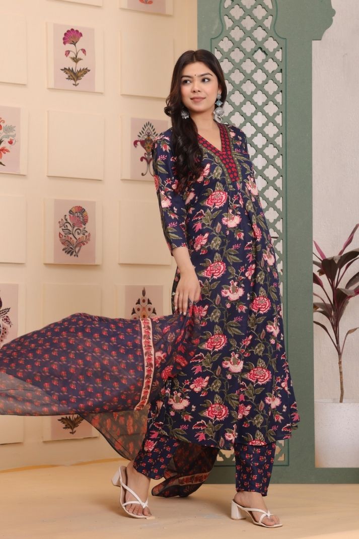 Rayon Flower Printed 3 Pc kurta set for Women and Girls