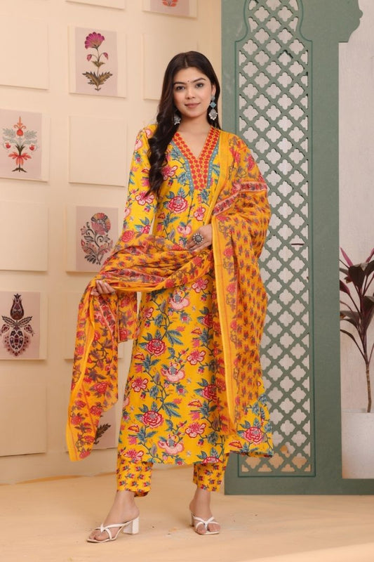 Rayon Flower Printed 3 Pc kurta set for Women and Girls