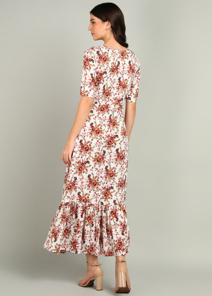 Flared Flower Printed White Gown Rayon.