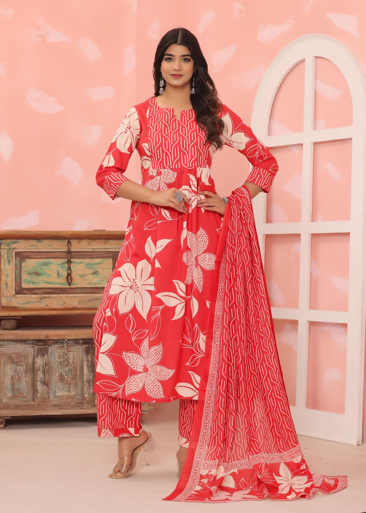 Cotton Flower printed Red Three piece kurti set for Women's and Girls