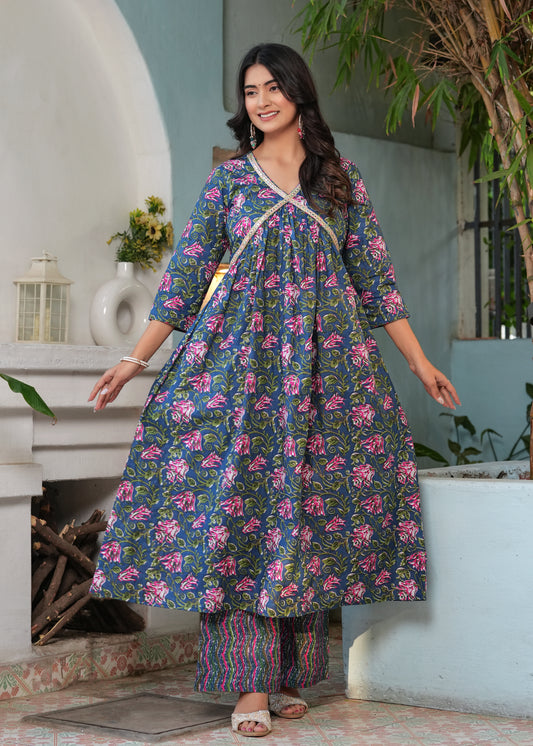 Cotton Flower Printed Multicolour Anarkali Kurta With Pant.