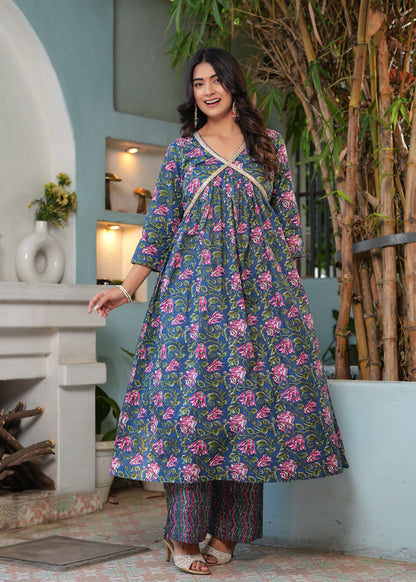 Cotton Flower Printed Multicolour Anarkali Kurta With Pant.