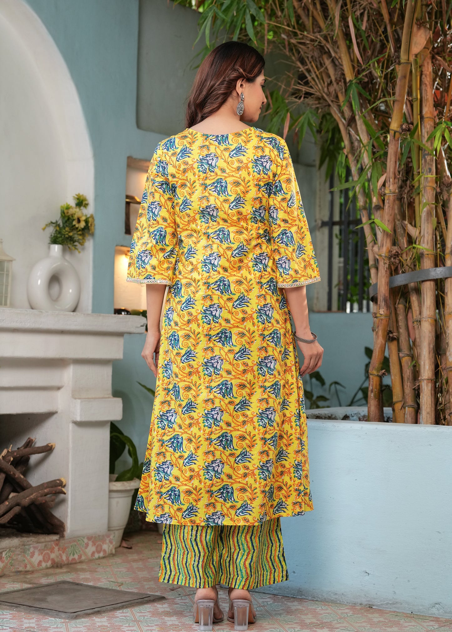 Yellow Cotton Printed 2 Pc Kurti Set With Pant