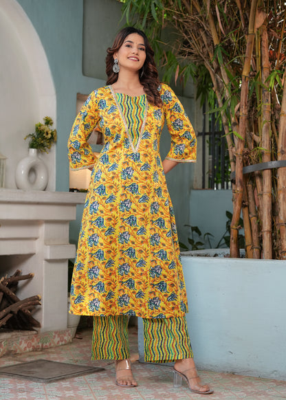 Yellow Cotton Printed 2 Pc Kurti Set With Pant