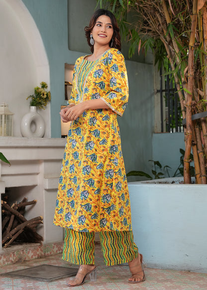 Yellow Cotton Printed 2 Pc Kurti Set With Pant