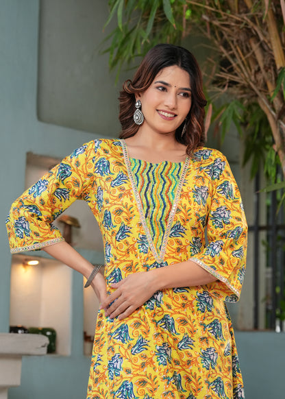 Yellow Cotton Printed 2 Pc Kurti Set With Pant