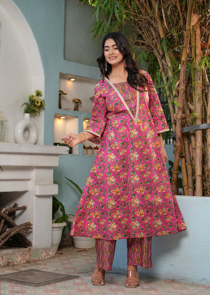 Marron Cotton Printed 2 Pc Kurti Set With Pant