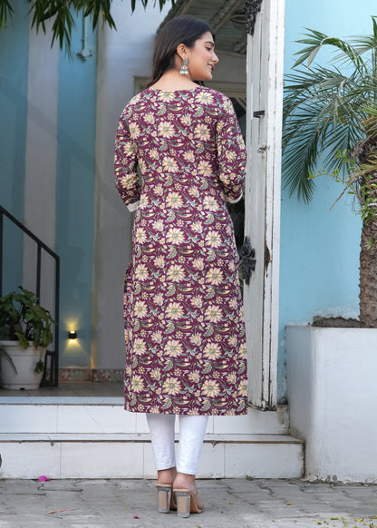 Reddish Blue Cotton Printed Straight Kurta