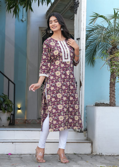 Reddish Blue Cotton Printed Straight Kurta