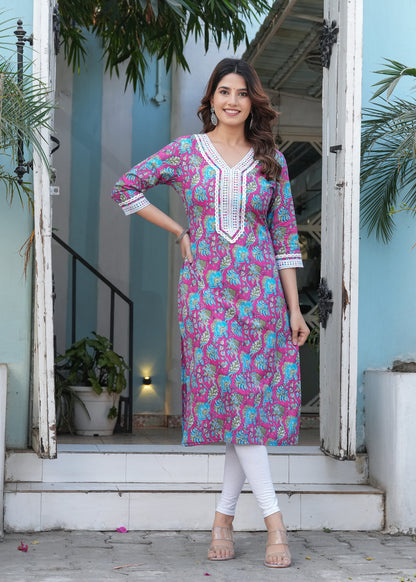 Pink Cotton Printed Straight Kurta