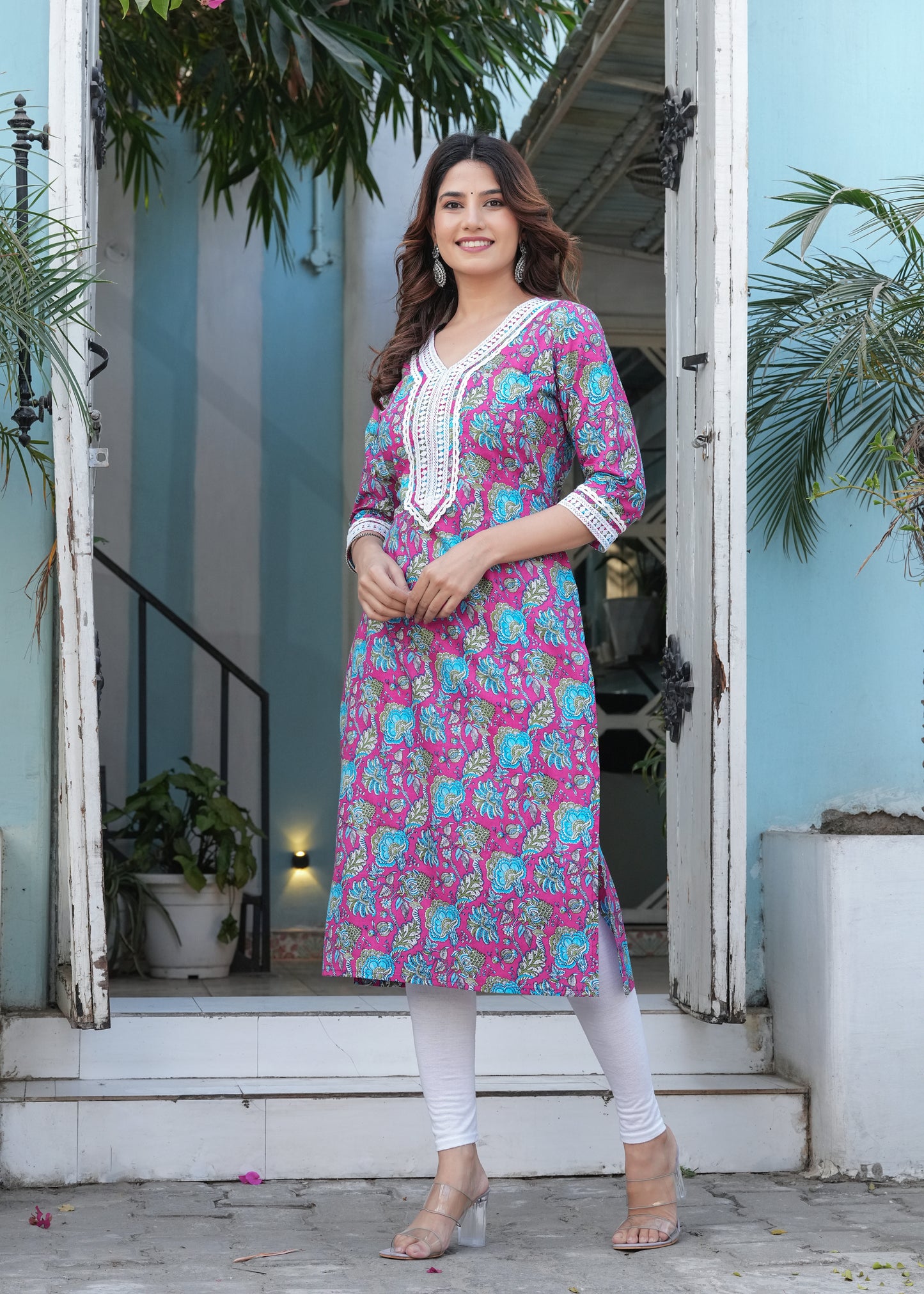 Pink Cotton Printed Straight Kurta