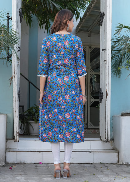 Blue Cotton Flower Printed Straight Kurti