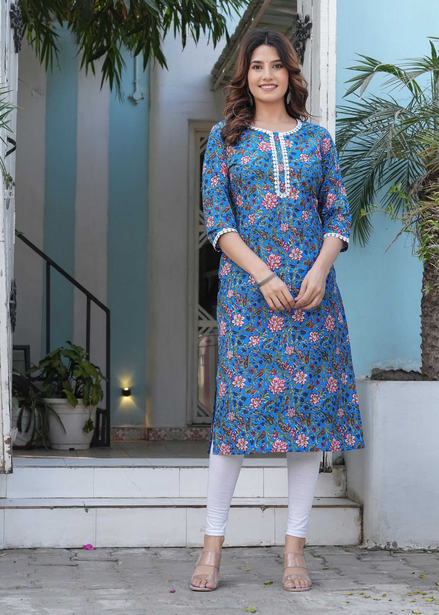 Blue Cotton Flower Printed Straight Kurti