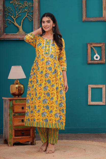 Cotton Beautiful Yellow Flower printed Kurti and pant set for women and girls