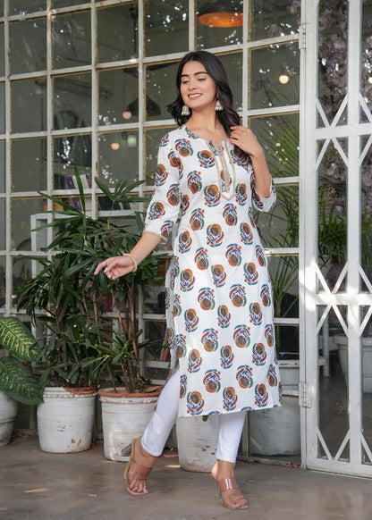 White Cotton Printed Straight Kurta