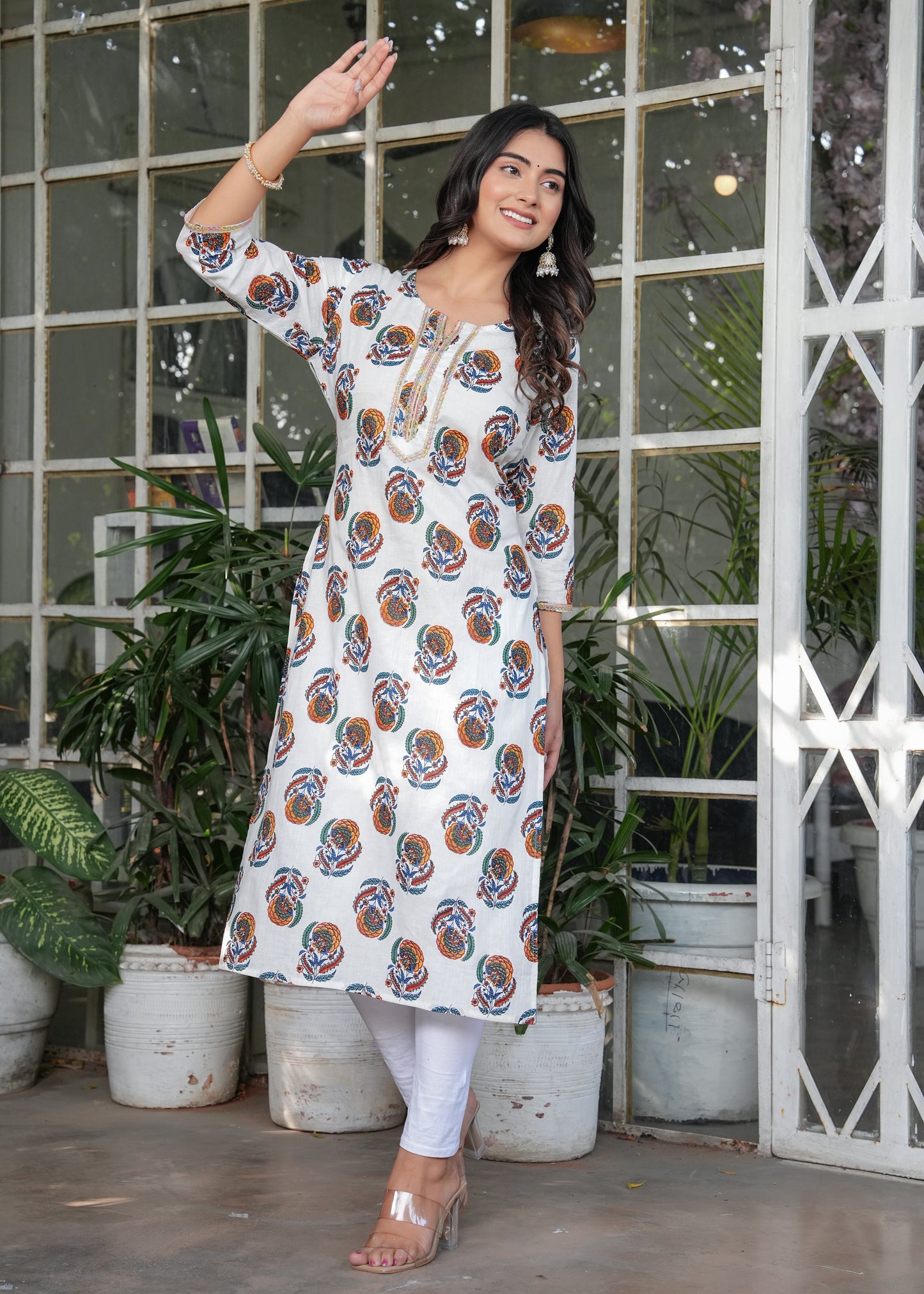 White Cotton Printed Straight Kurta