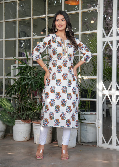 White Cotton Printed Straight Kurta