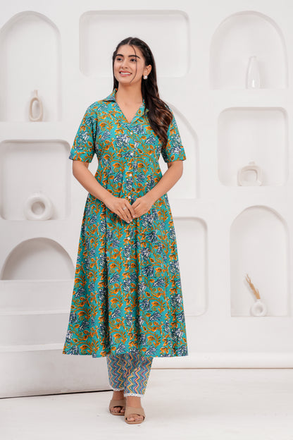 Cotton Beautiful Green Flower printed Kurti and pant set for women and girls