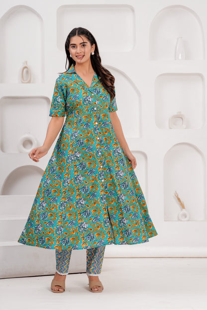 Cotton Beautiful Green Flower printed Kurti and pant set for women and girls