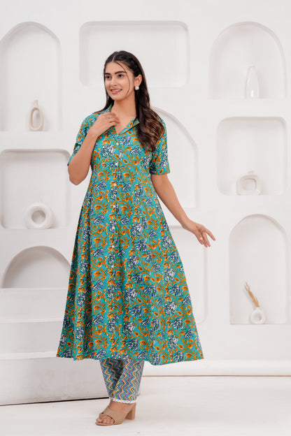 Cotton Beautiful Green Flower printed Kurti and pant set for women and girls