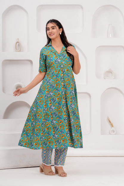 Cotton Beautiful Green Flower printed Kurti and pant set for women and girls