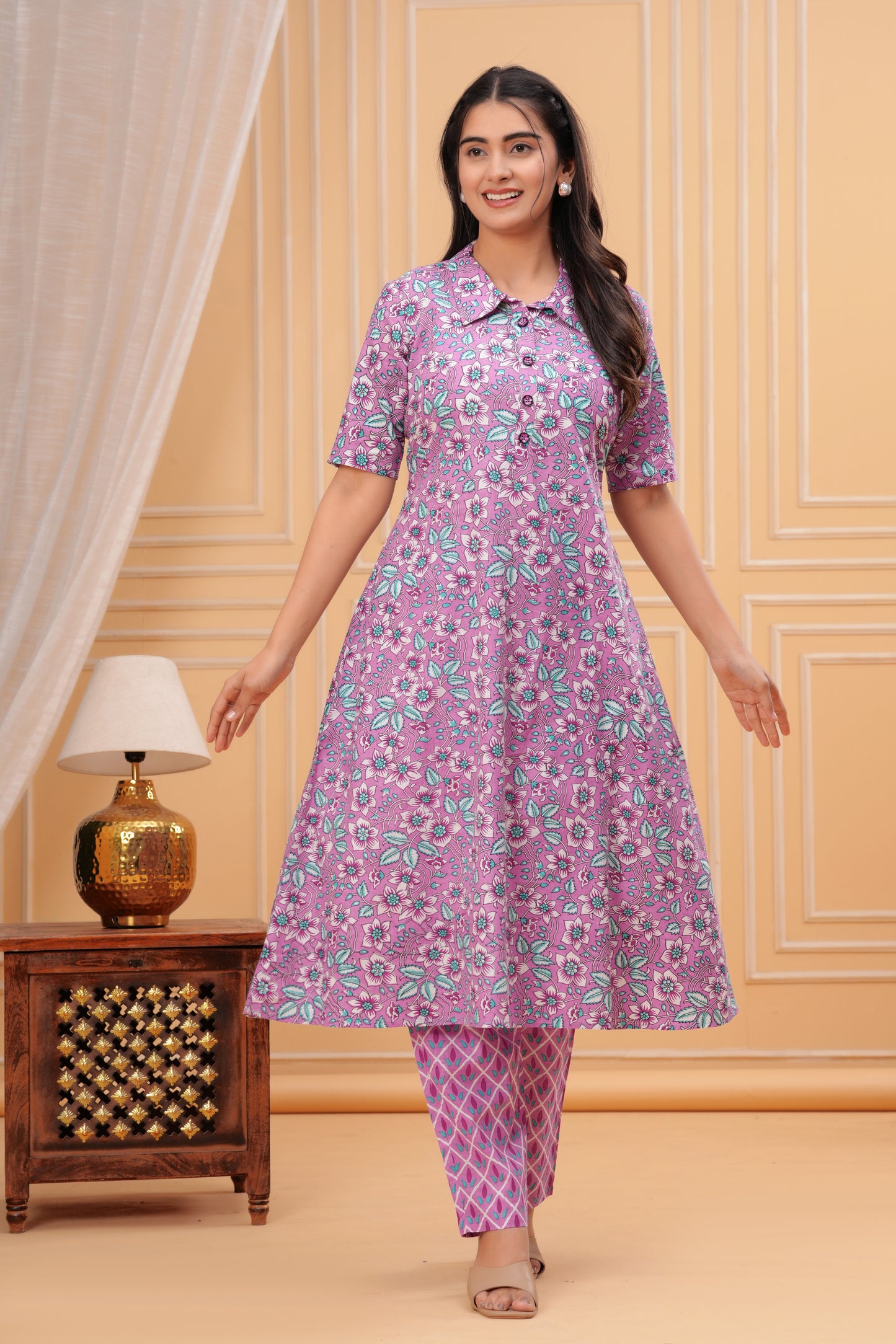 Cotton Beautiful Pink Flower printed Kurti and pant set for women and girls