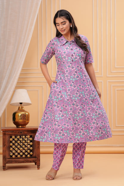 Cotton Beautiful Pink Flower printed Kurti and pant set for women and girls