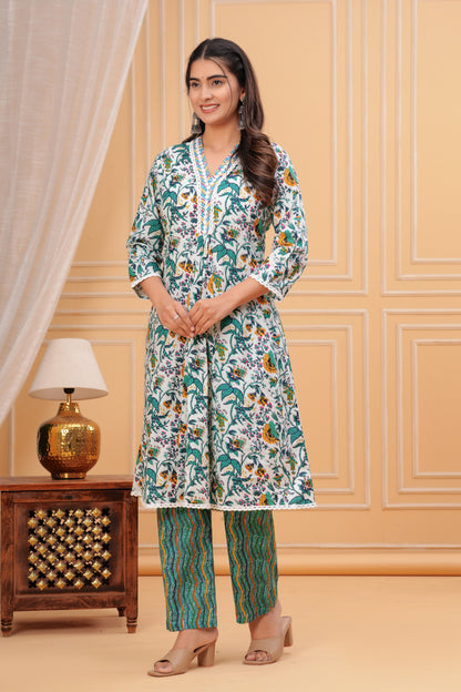 Cotton Beautiful Green Flower printed Kurti and pant set for women and girls