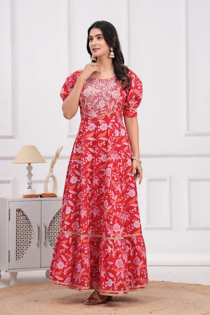 Cotton Flower Printed Gown with Embroidery Yoke Design.