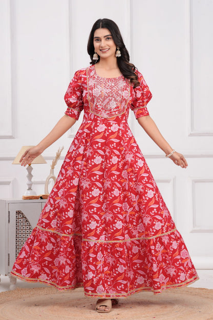 Cotton Flower Printed Gown with Embroidery Yoke Design.