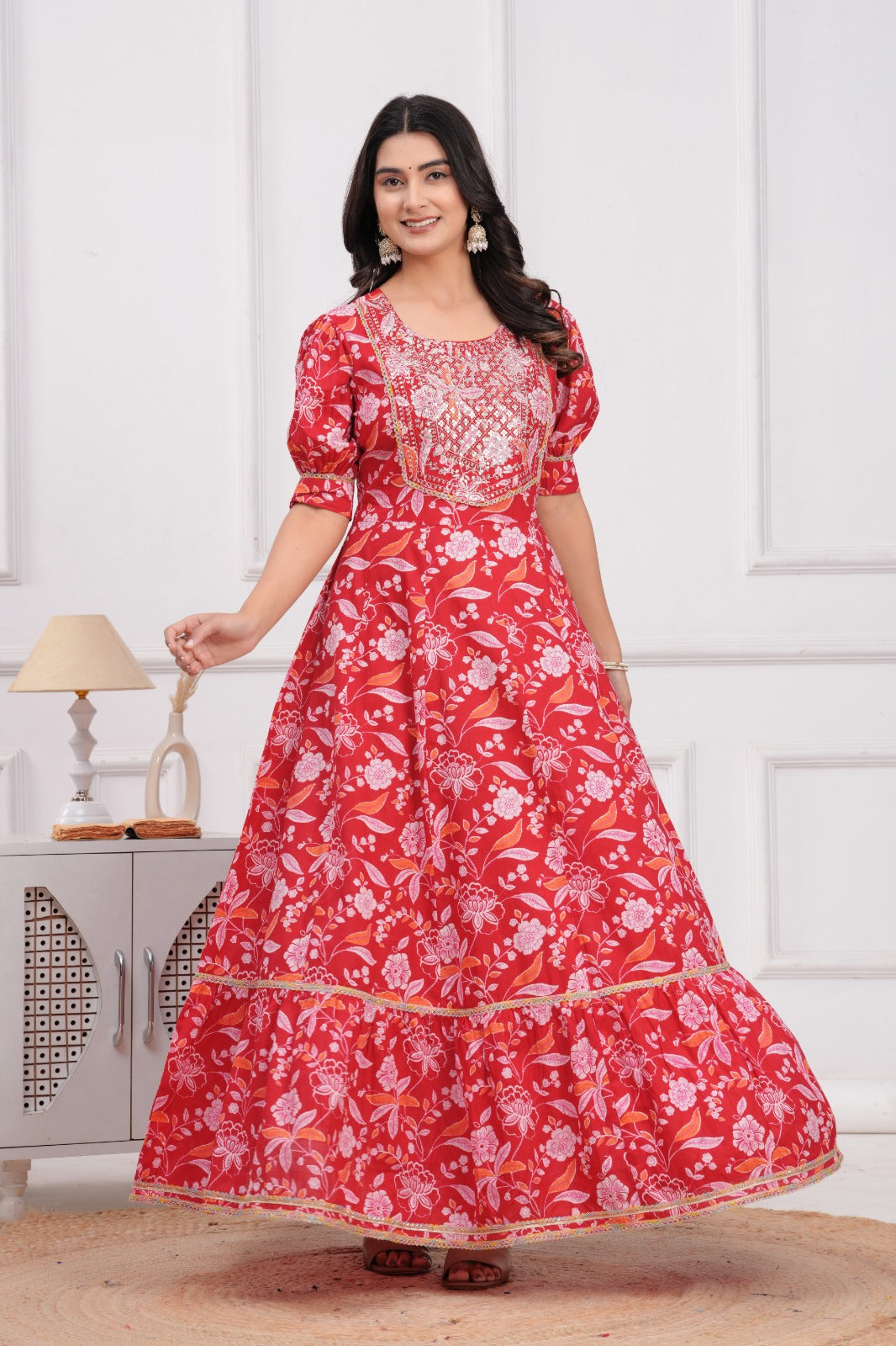 Cotton Flower Printed Gown with Embroidery Yoke Design.