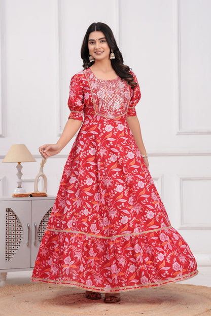 Cotton Flower Printed Gown with Embroidery Yoke Design.