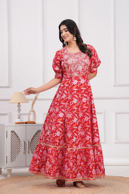 Cotton Flower Printed Gown with Embroidery Yoke Design.