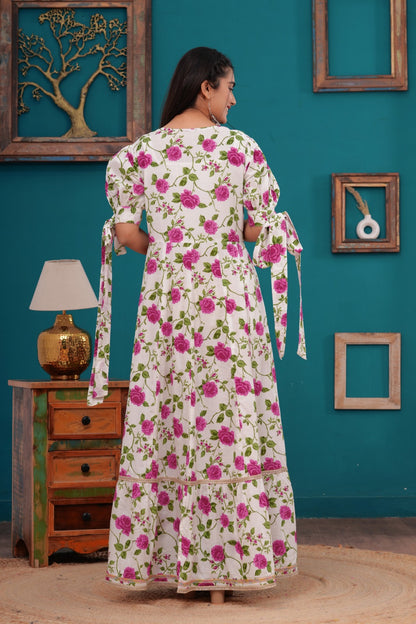 Cotton Flower Printed Gown Embroidered Yoke Design.