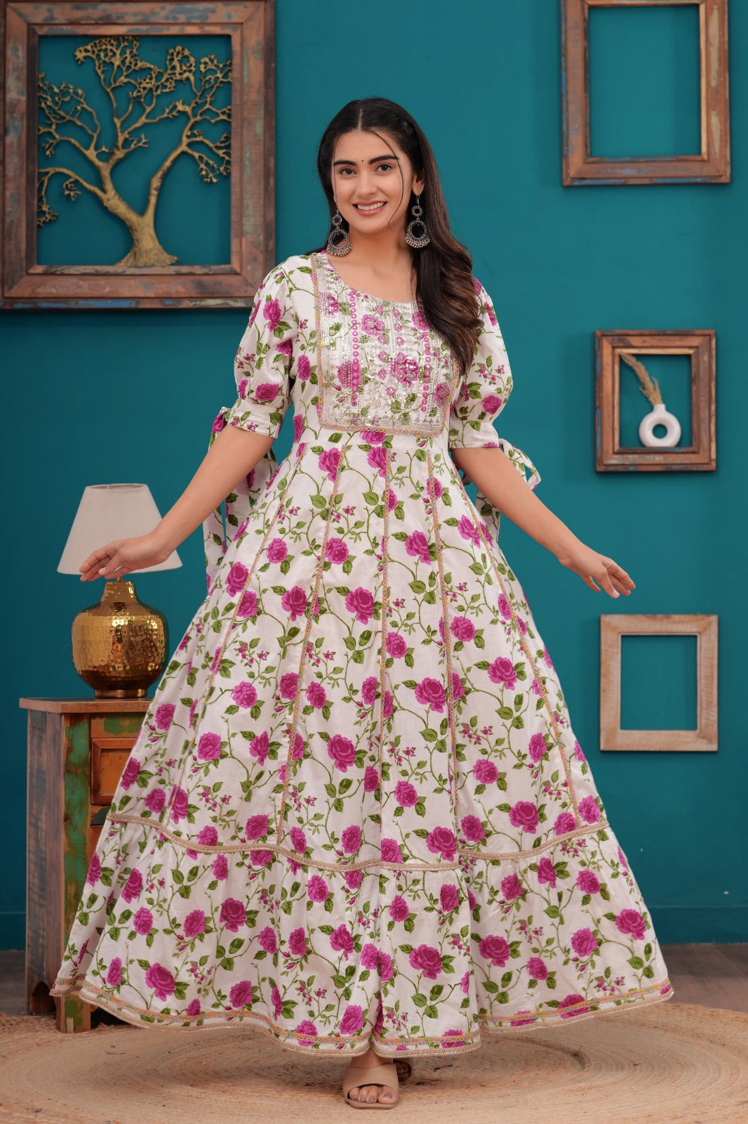 Cotton Flower Printed Gown Embroidered Yoke Design.