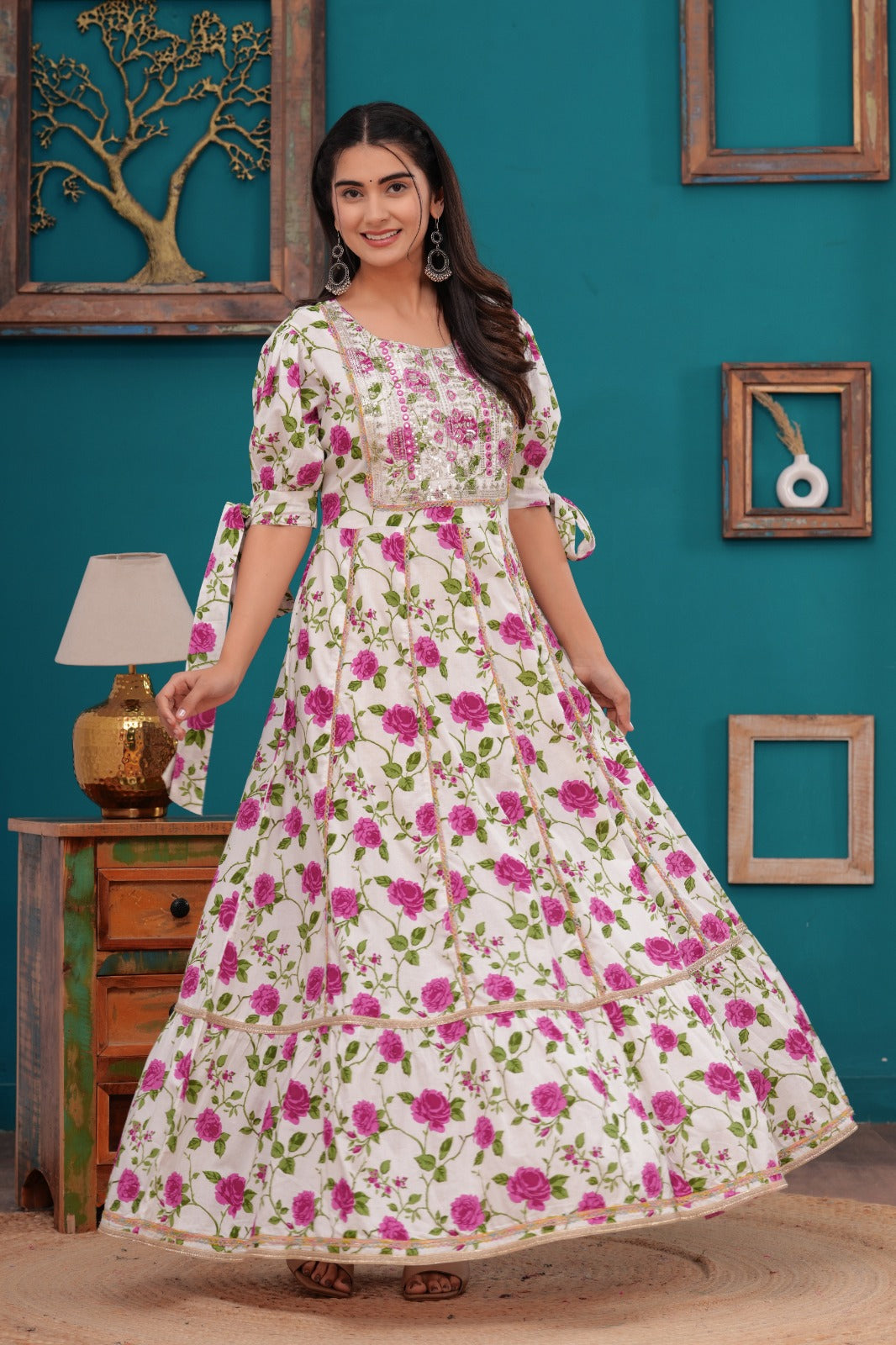 Cotton Flower Printed Gown Embroidered Yoke Design.