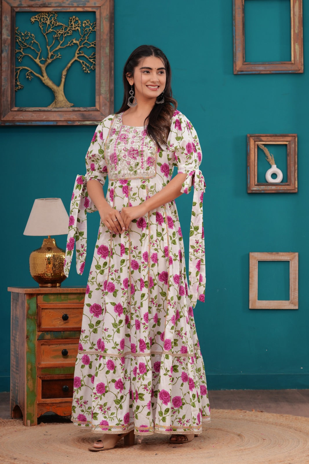 Cotton Flower Printed Gown Embroidered Yoke Design.