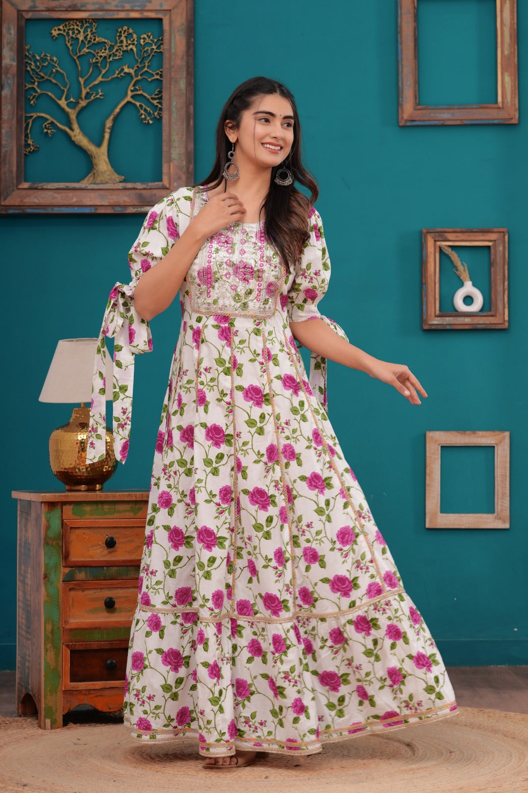 Cotton Flower Printed Gown Embroidered Yoke Design.