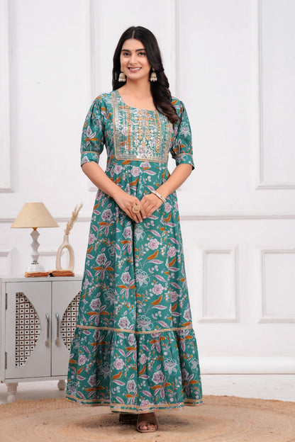 Cotton Flower Printed Gown Embroidered Yoke Design.