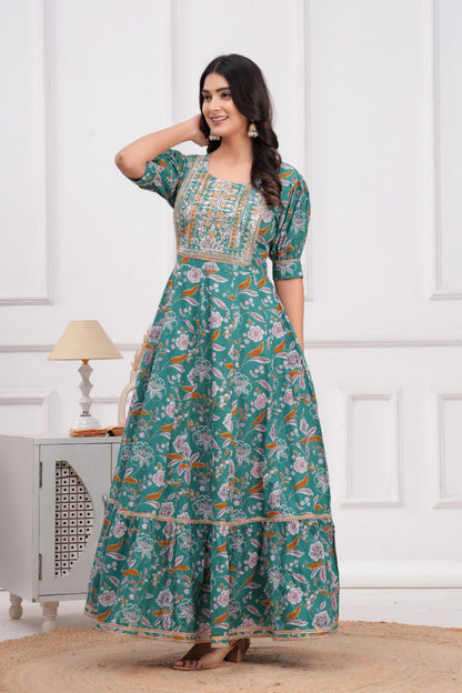 Cotton Flower Printed Gown Embroidered Yoke Design.