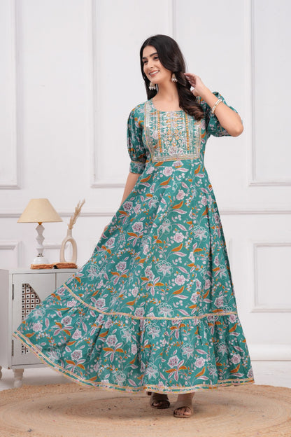 Cotton Flower Printed Gown Embroidered Yoke Design.