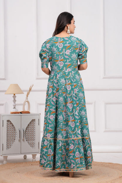 Cotton Flower Printed Gown Embroidered Yoke Design.